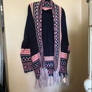 Pink and Blue Cardigan with Geometric Trim